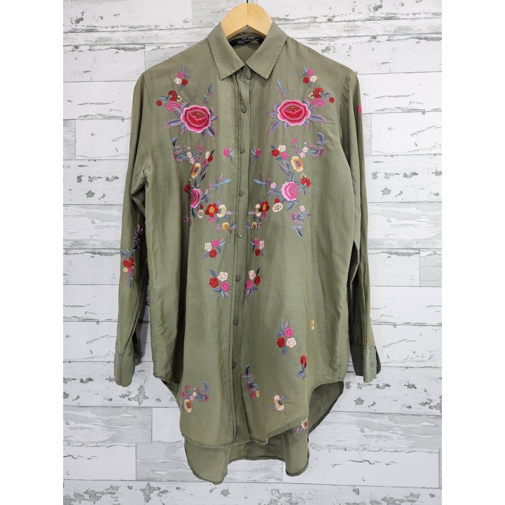 Zara Woman Premium Denim Floral Embroidered Olive Green Button Down Shirt Small